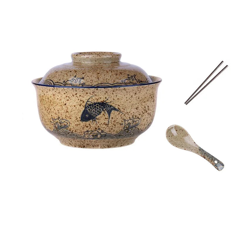 DecorBites™ 6.5inch Retro Ceramic Ramen Bowl Set with Lid, Chopsticks, and Spoons