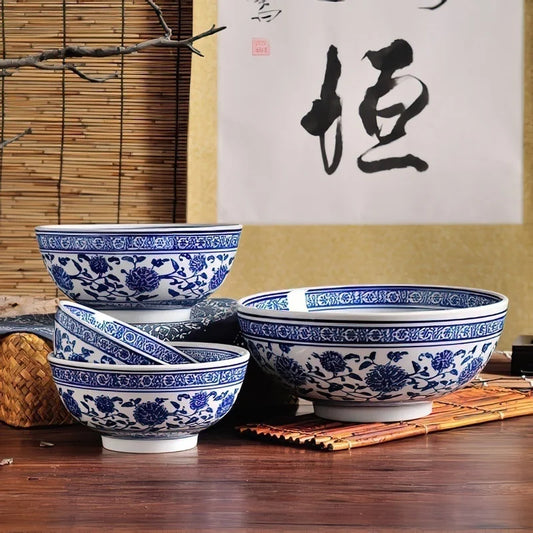 DecorBites™ Blue and White Ceramic Noodle Bowl - Japanese Style Tableware