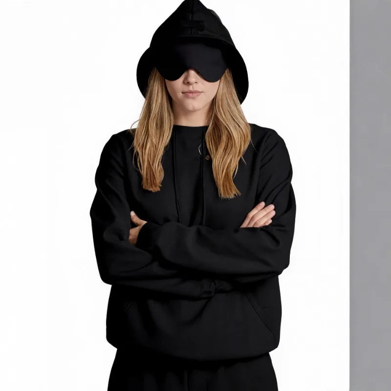 European American Autumn Winter Pocket Eye Mask Hoodie with Travel Pattern Pullover Hoodie