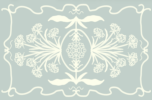 "Louise" Blue and Off White Floral Vinyl Floor Mat - 20"x30"