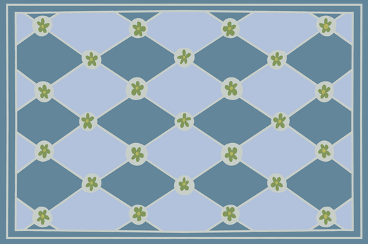 "Hopscotch & Daisies" Blue on Blue Checkerboard Cottage Floral Vinyl Floor Mat - 24"x36"