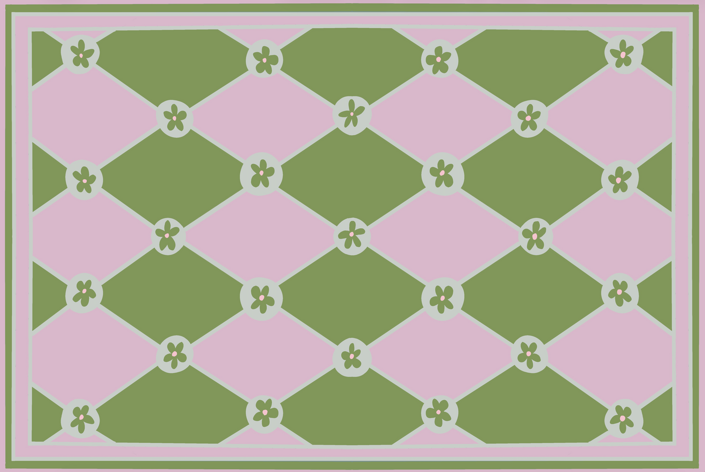 "Hopscotch & Daisies" Pink & Green Checkerboard Cottage Floral Vinyl Floor Mat - 24"x36"