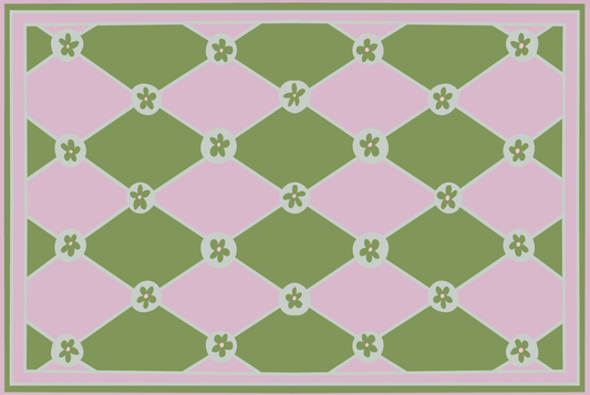 "Hopscotch & Daisies" Pink & Green Checkerboard Cottage Floral Vinyl Floor Mat - 24"x36"