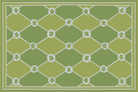 "Hopscotch & Daisies" Green on Green Checkerboard Cottage Floral Vinyl Floor Mat - 24"x36"
