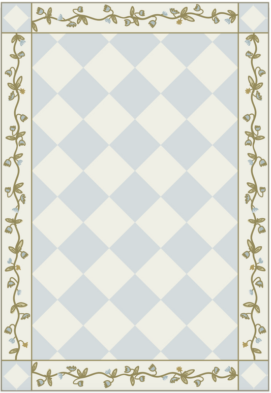 "Floral Diamonds" Checkerboard Cottage Floral Vinyl Floor Mat - 48" x 72"