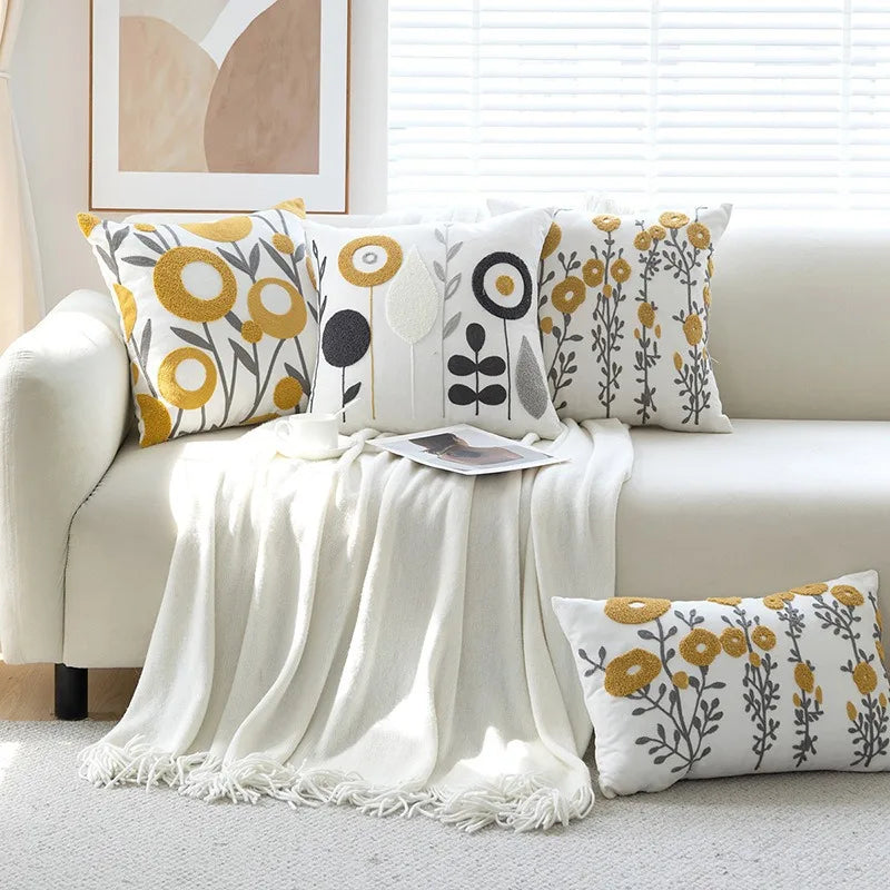 Boho Embroidered Floral Pillow Cover