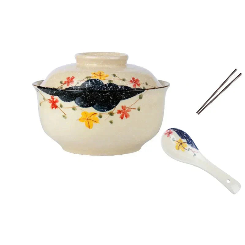 DecorBites™ 6.5inch Retro Ceramic Ramen Bowl Set with Lid, Chopsticks, and Spoons