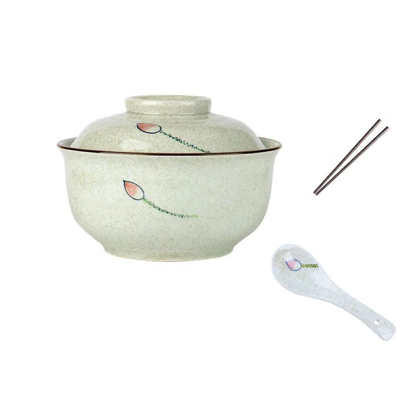 DecorBites™ 6.5inch Retro Ceramic Ramen Bowl Set with Lid, Chopsticks, and Spoons