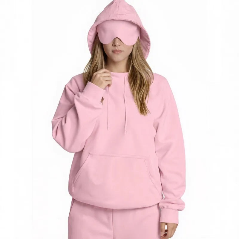 European American Autumn Winter Pocket Eye Mask Hoodie with Travel Pattern Pullover Hoodie