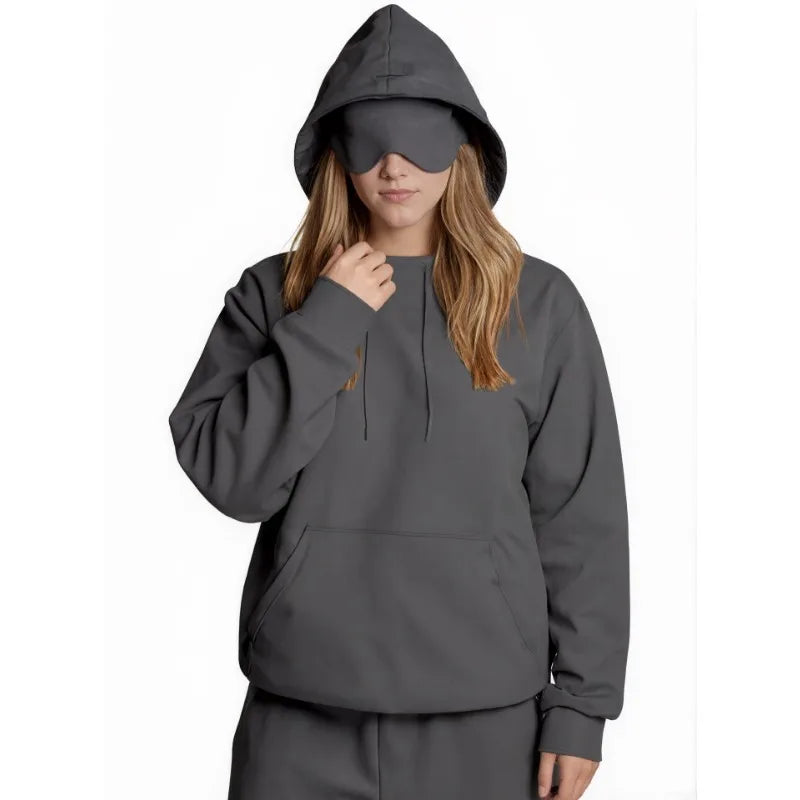 European American Autumn Winter Pocket Eye Mask Hoodie with Travel Pattern Pullover Hoodie