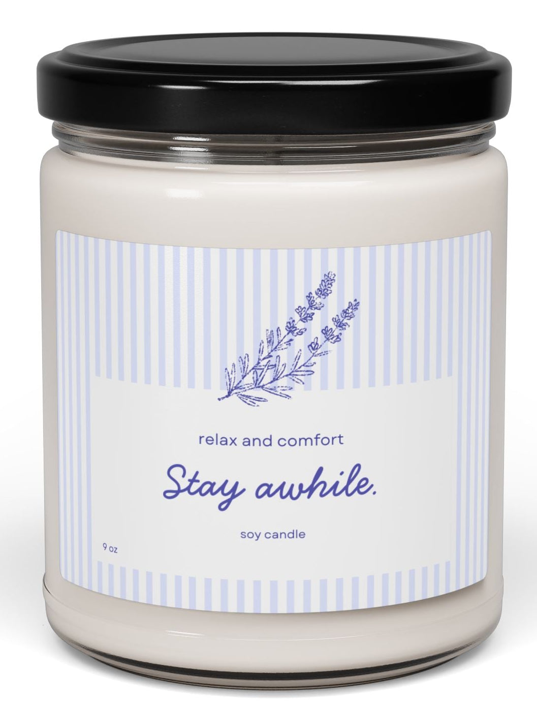 Candle jar with a label on a white background