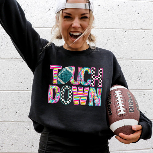 Touchdown, Faux Printed Embroidery Look, Colorful, Girly, Football, Sports, Game Day, Big Game, Tailgate Party Sweatshirt