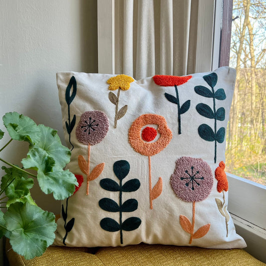 Vibrant Floral Embroidered Throw Pillow Cover