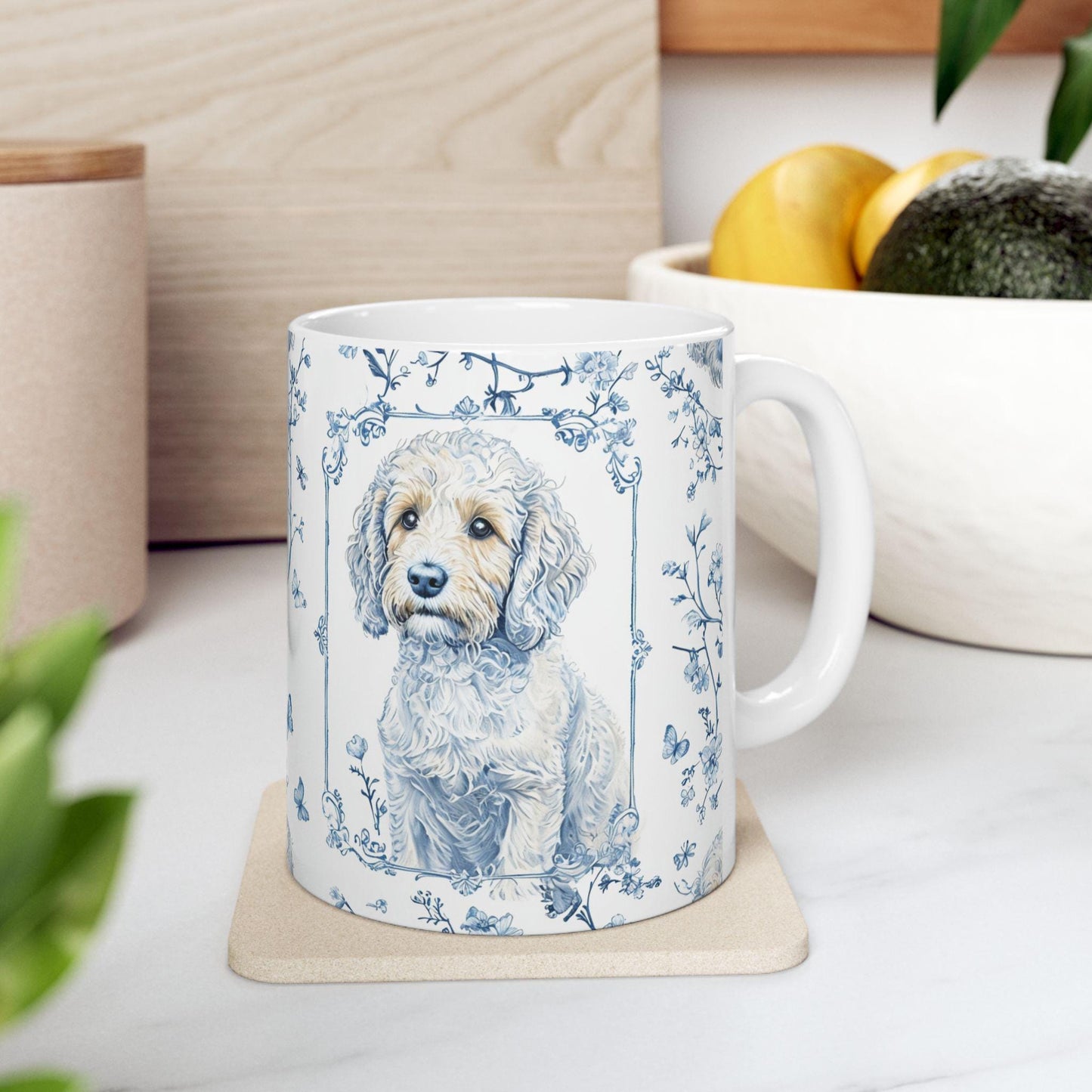 Coffee Mug, Blue Floral Puppy