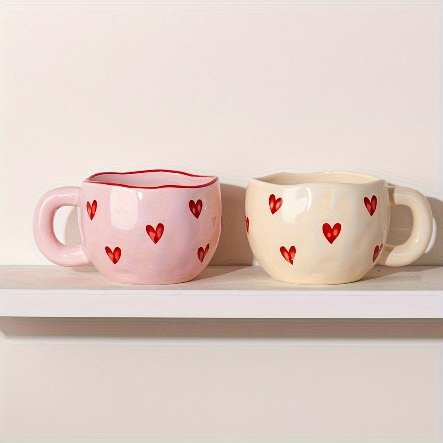 Pink & White Heart Ceramic Coffee Mug with Red Heart Rim