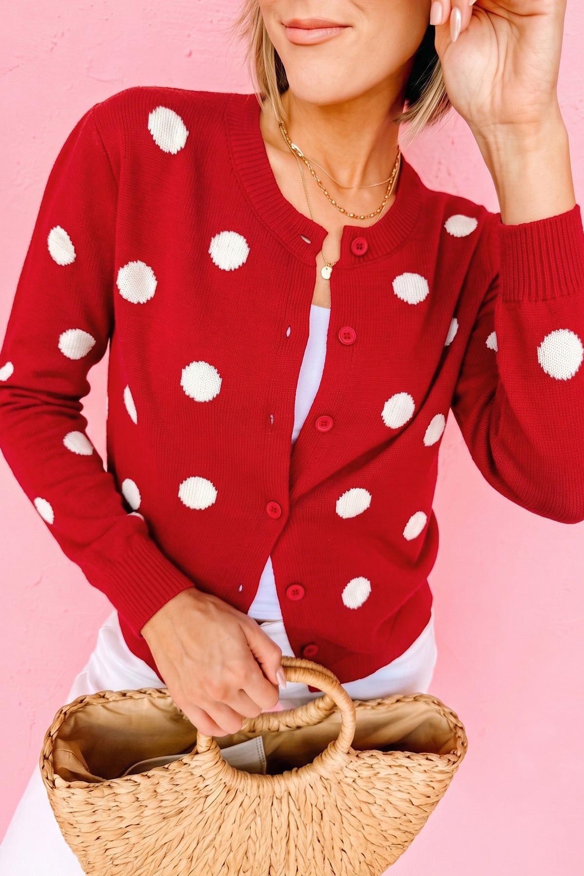 Yellow Cream Casual Polka Dot Button Front Long Sleeve Sweater Cardigan