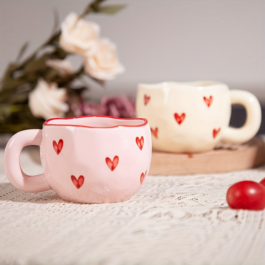 Pink & White Heart Ceramic Coffee Mug with Red Heart Rim