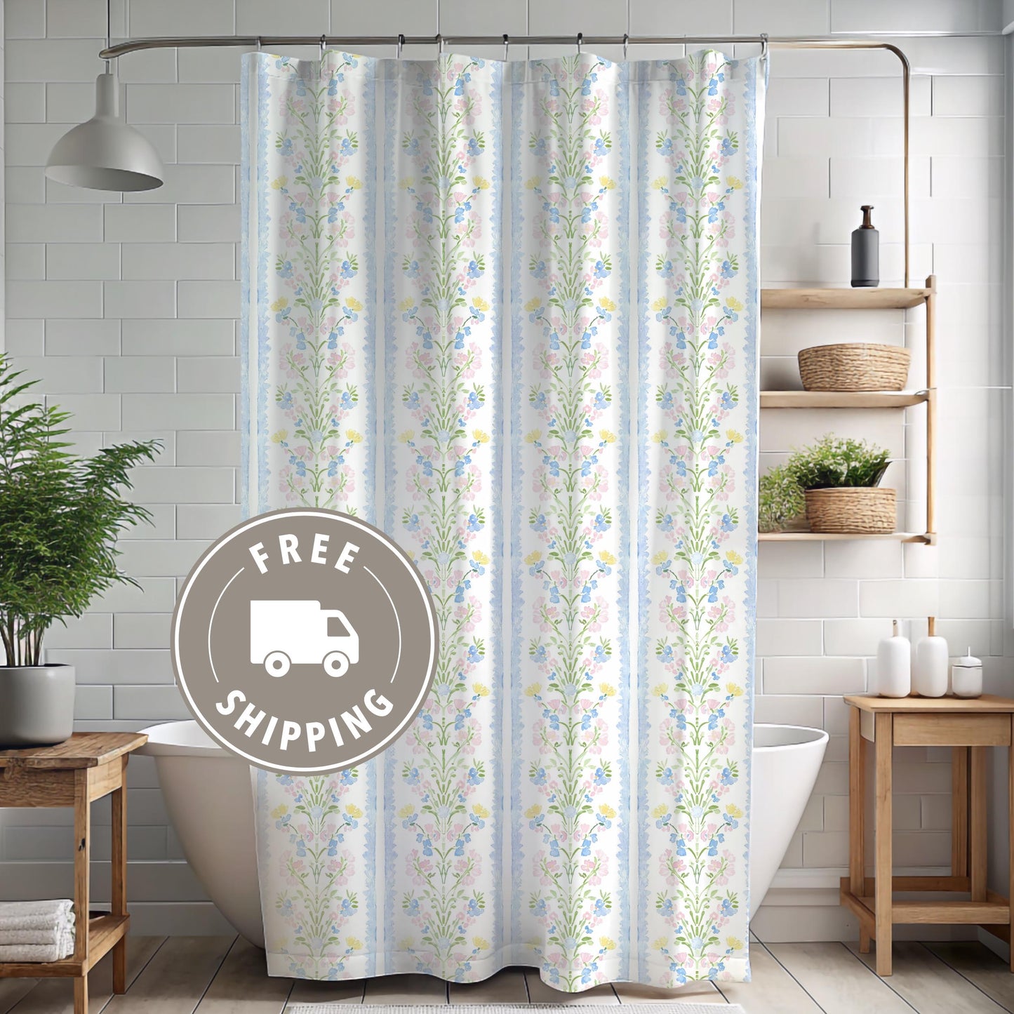 Watercolor Print Shower Curtain & Bathmat Set – Shabby Chic / French Country Bathroom Decor