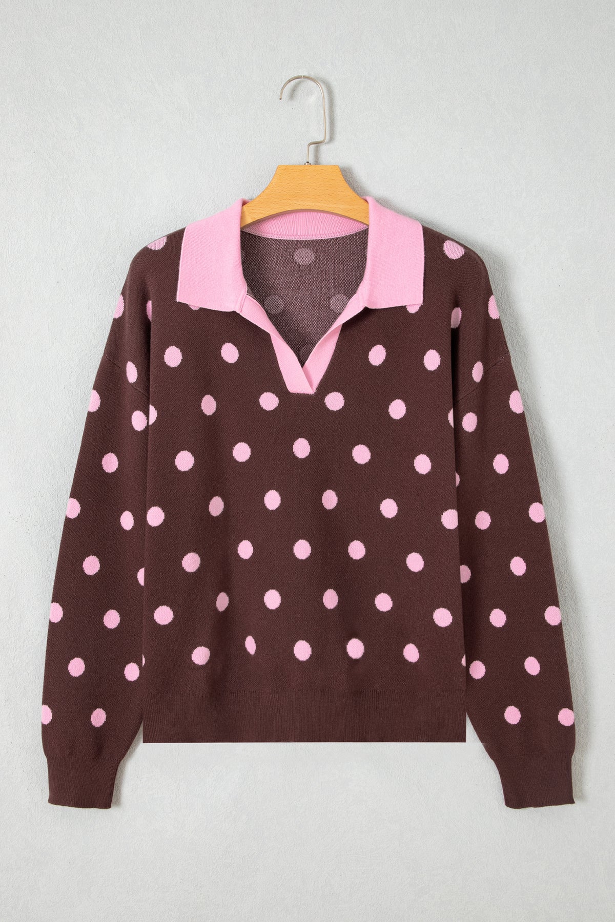 Pink Polka Dot Pattern Color Block Collared Loose Pullover Sweater