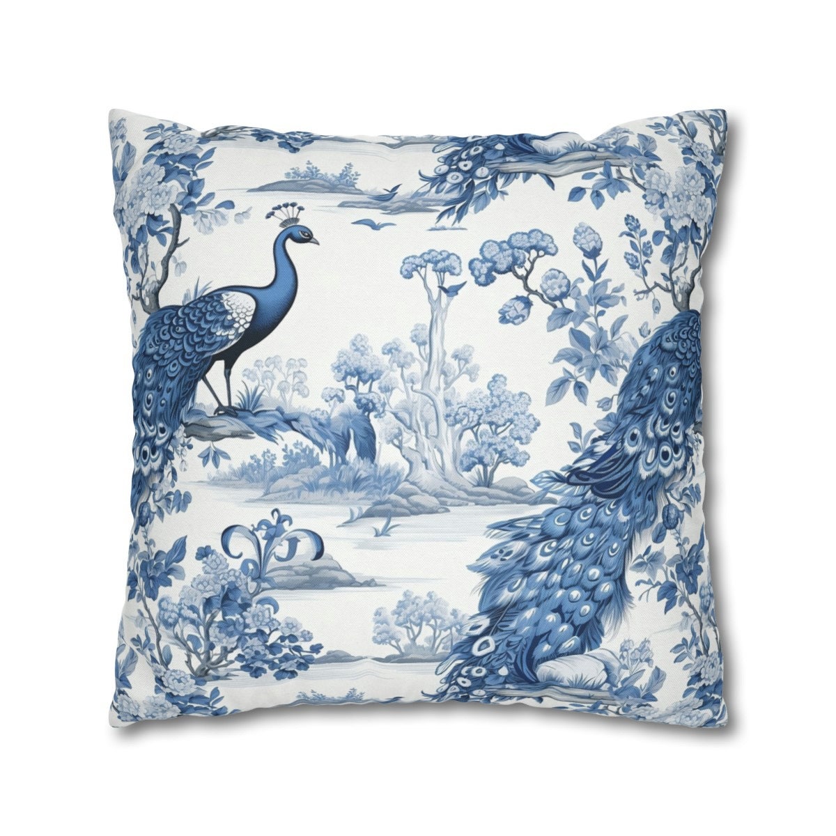 Custom Throw Pillow, French Toile Blue Peacock
