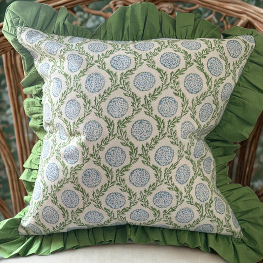 Blue Flowers and Vines - Ruffle Pillow Cover