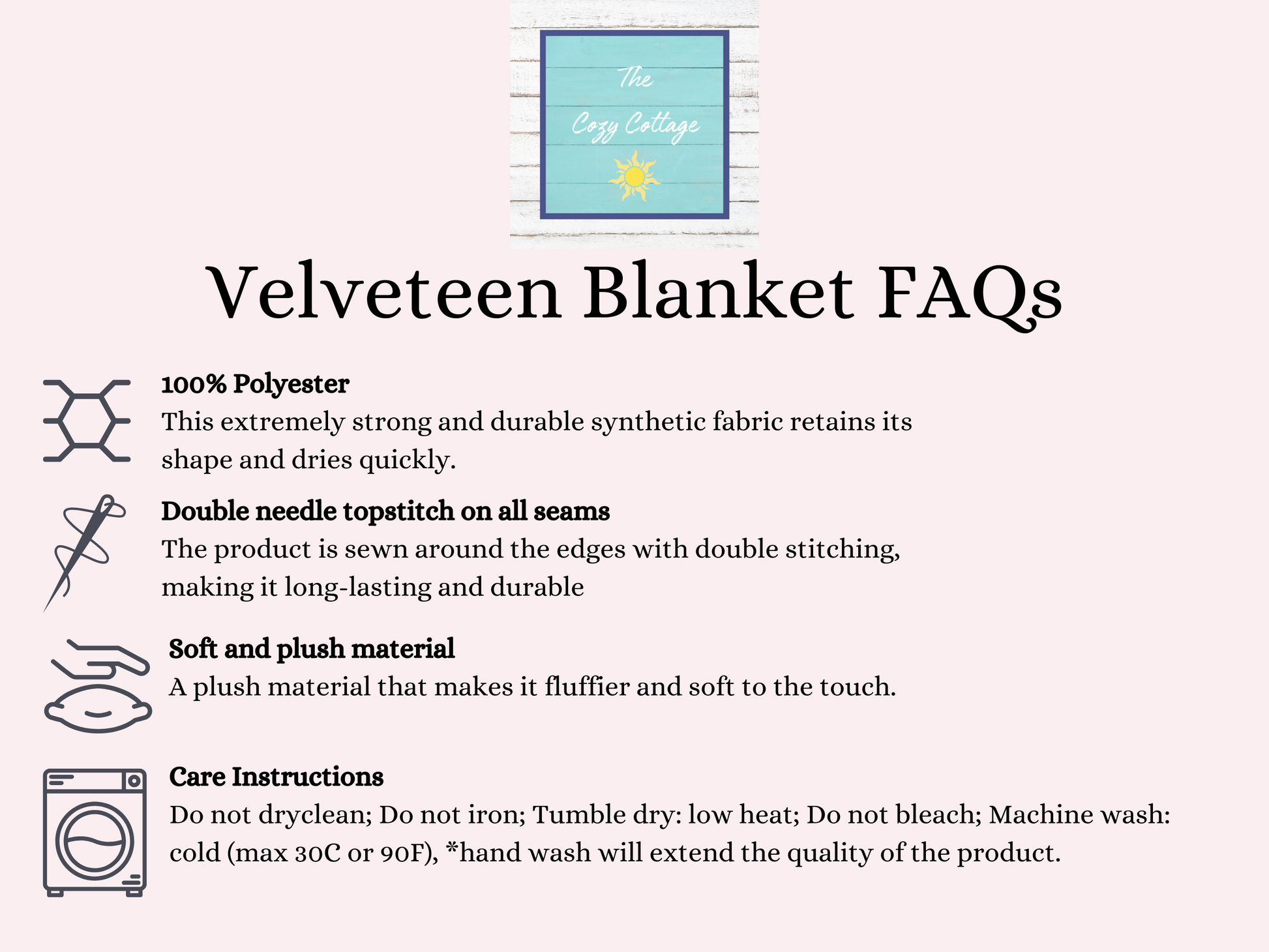 a collection of text and graphics related to a velvet blanket, providing information about the product's features and care instructions.