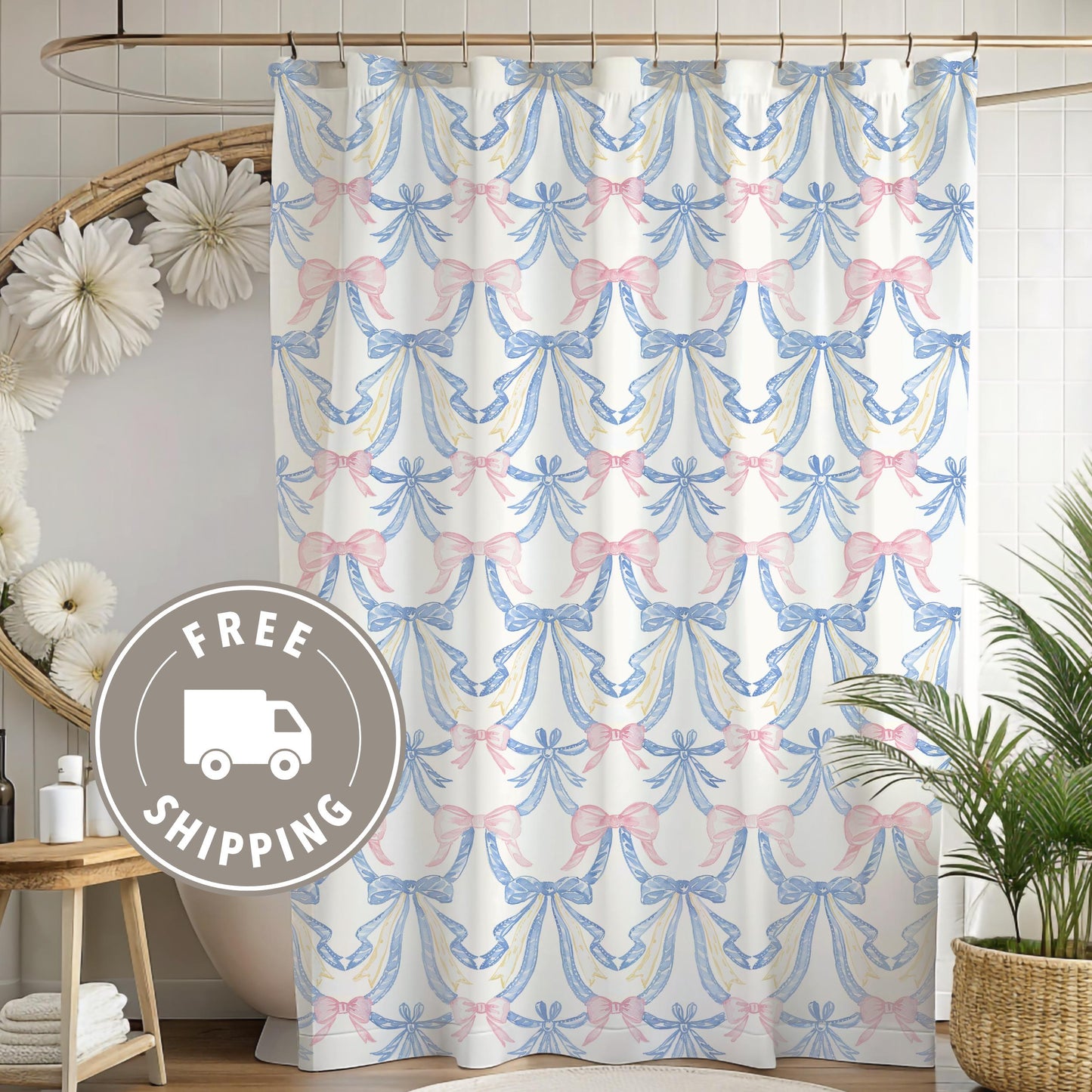Custom Shower Curtain, Pink and Blue Bows