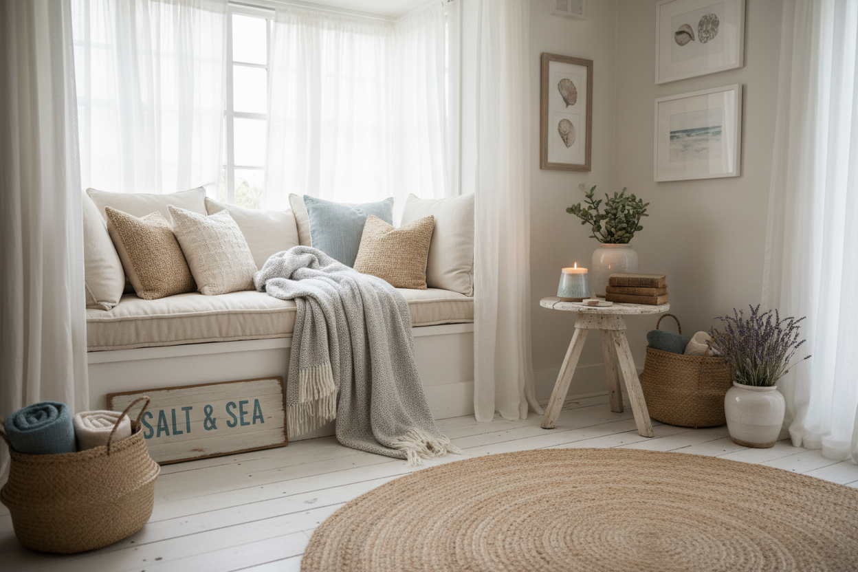 create a soft cozy vibe with a coastal theme using products from my site