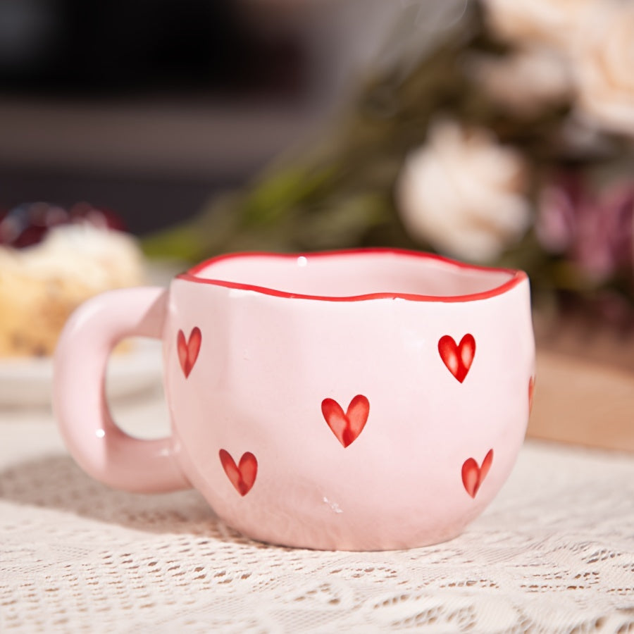 Pink & White Heart Ceramic Coffee Mug with Red Heart Rim