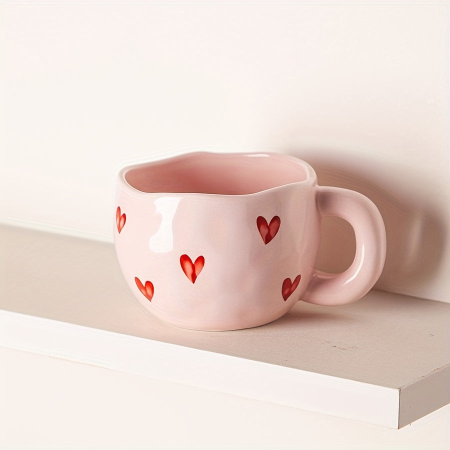 Pink & White Heart Ceramic Coffee Mug with Red Heart Rim