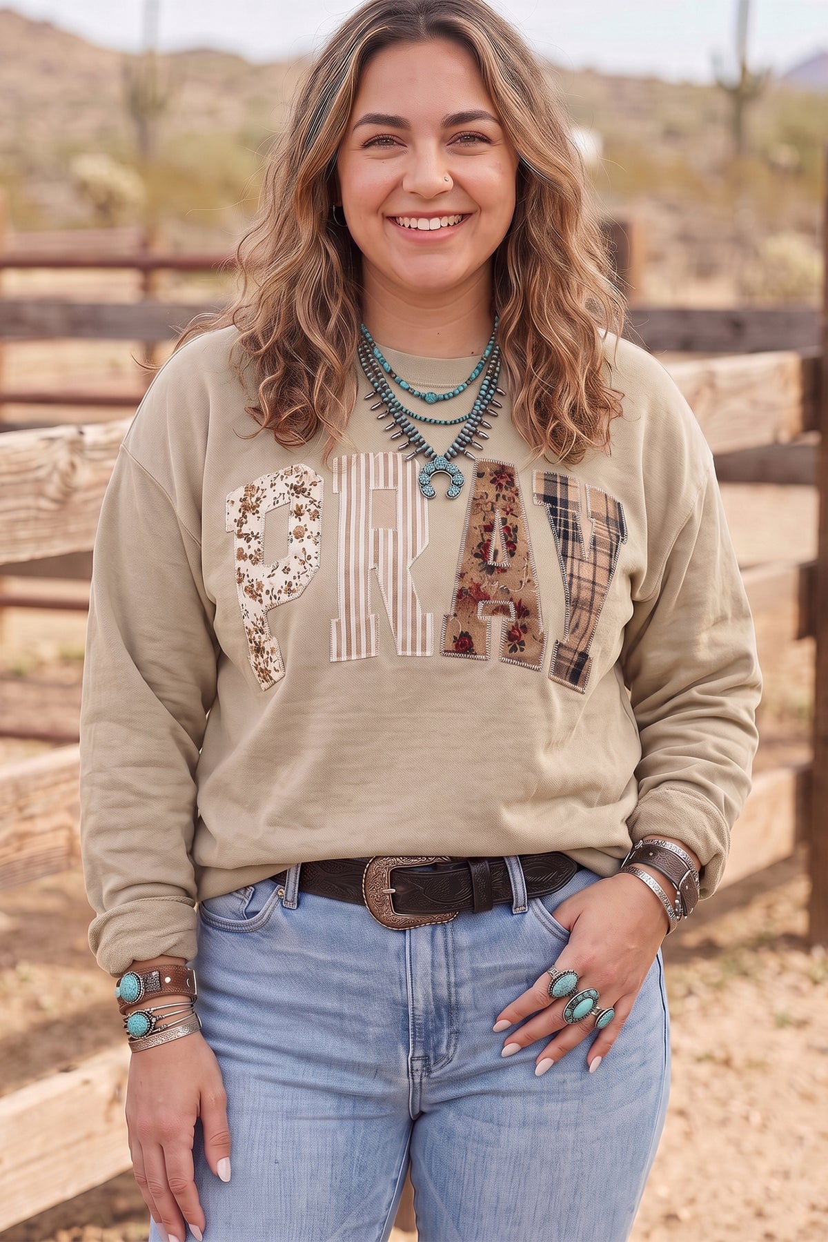 Coffee PRAY Letter Patchwork Round Neck Long Sleeve Plus Size Sweatshirt