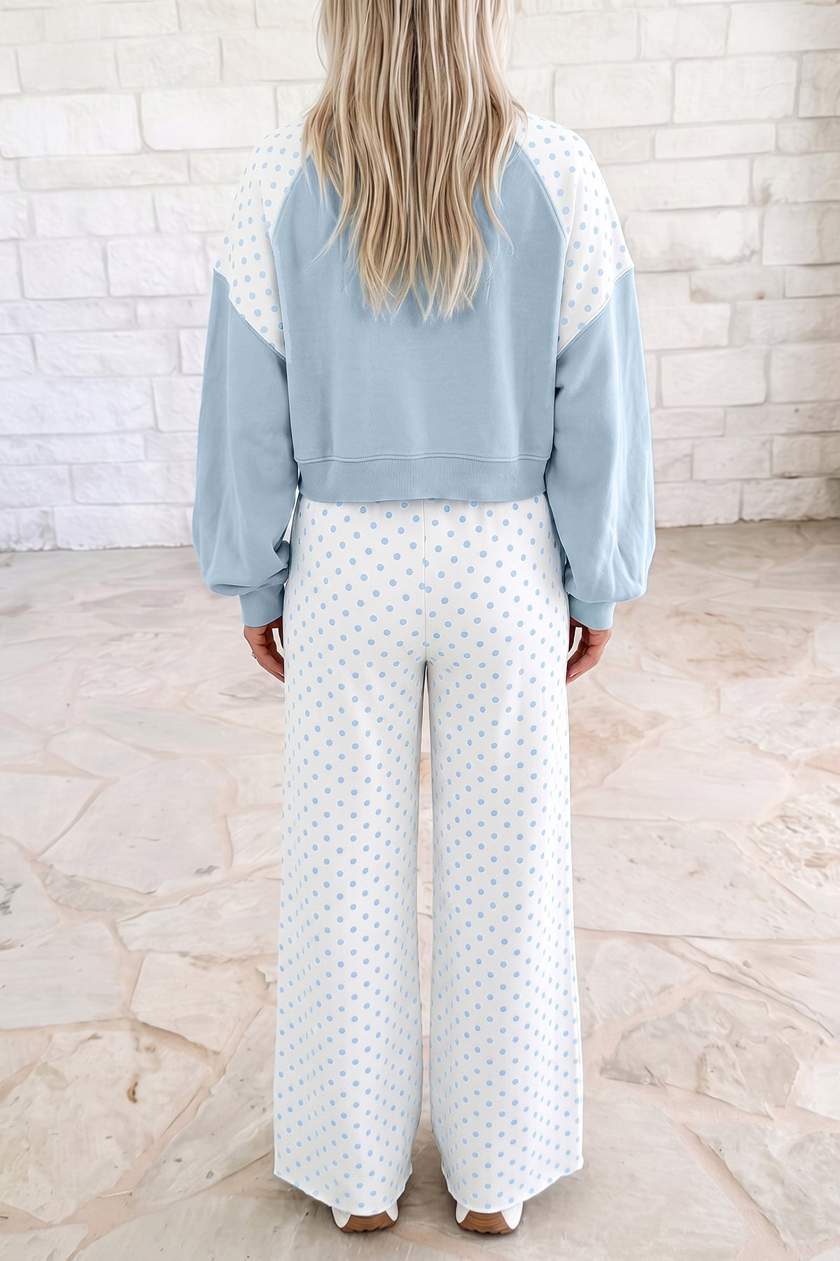 Pink Polka Dot Patchwork Colorblock Long Sleeve Casual Two Piece Pants Set