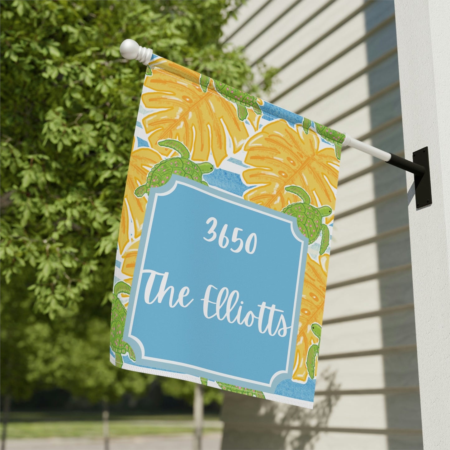 Personalized Welcome Blue Stripe Hibiscus and Sea Turtles Flags | Address and Name Flag | Personalized Name Flag |  Summer Outdoor Garden