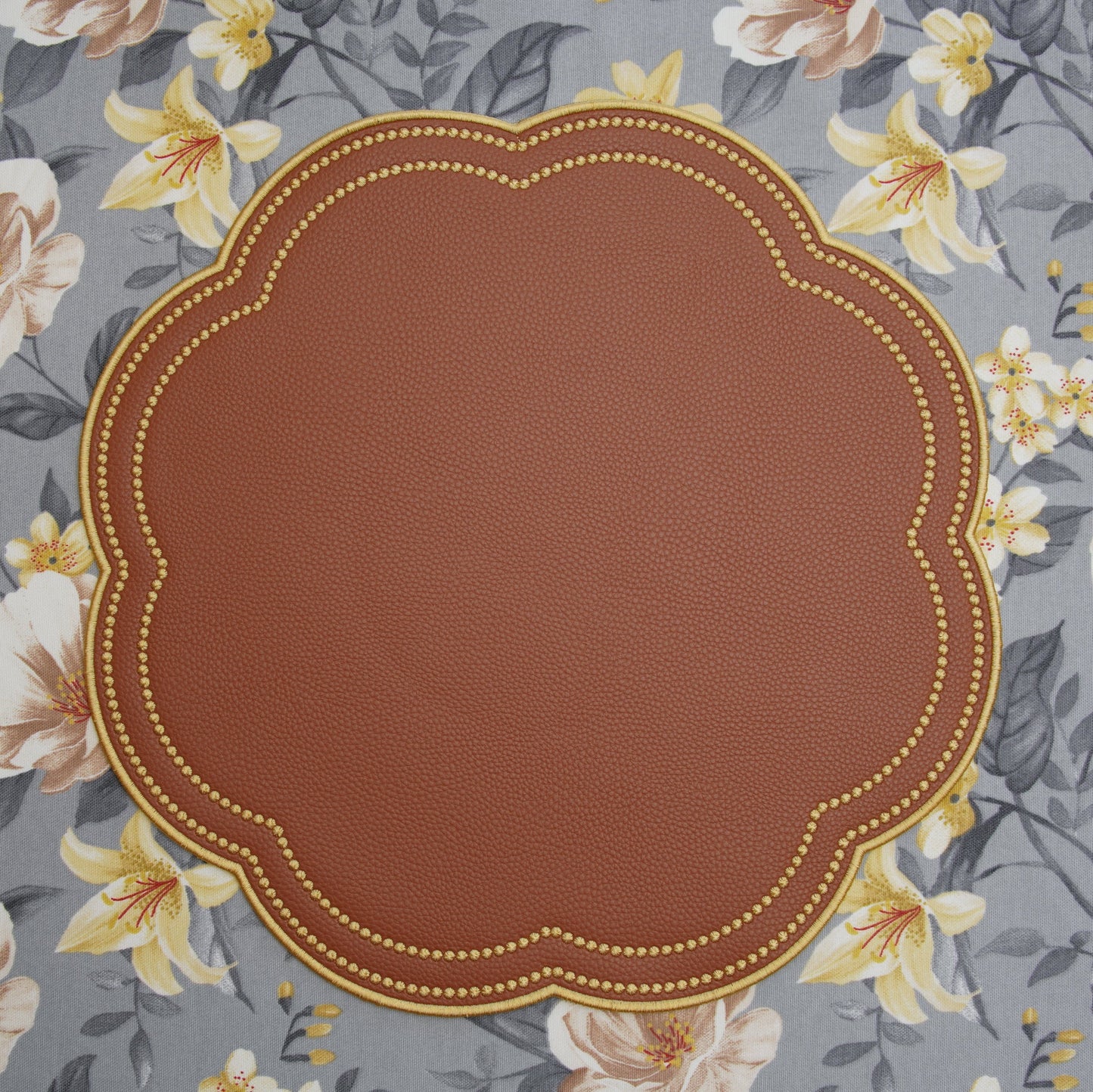 NURTURE BROWN GOLD SCALLOPED FAUX LEATHER PLACEMAT