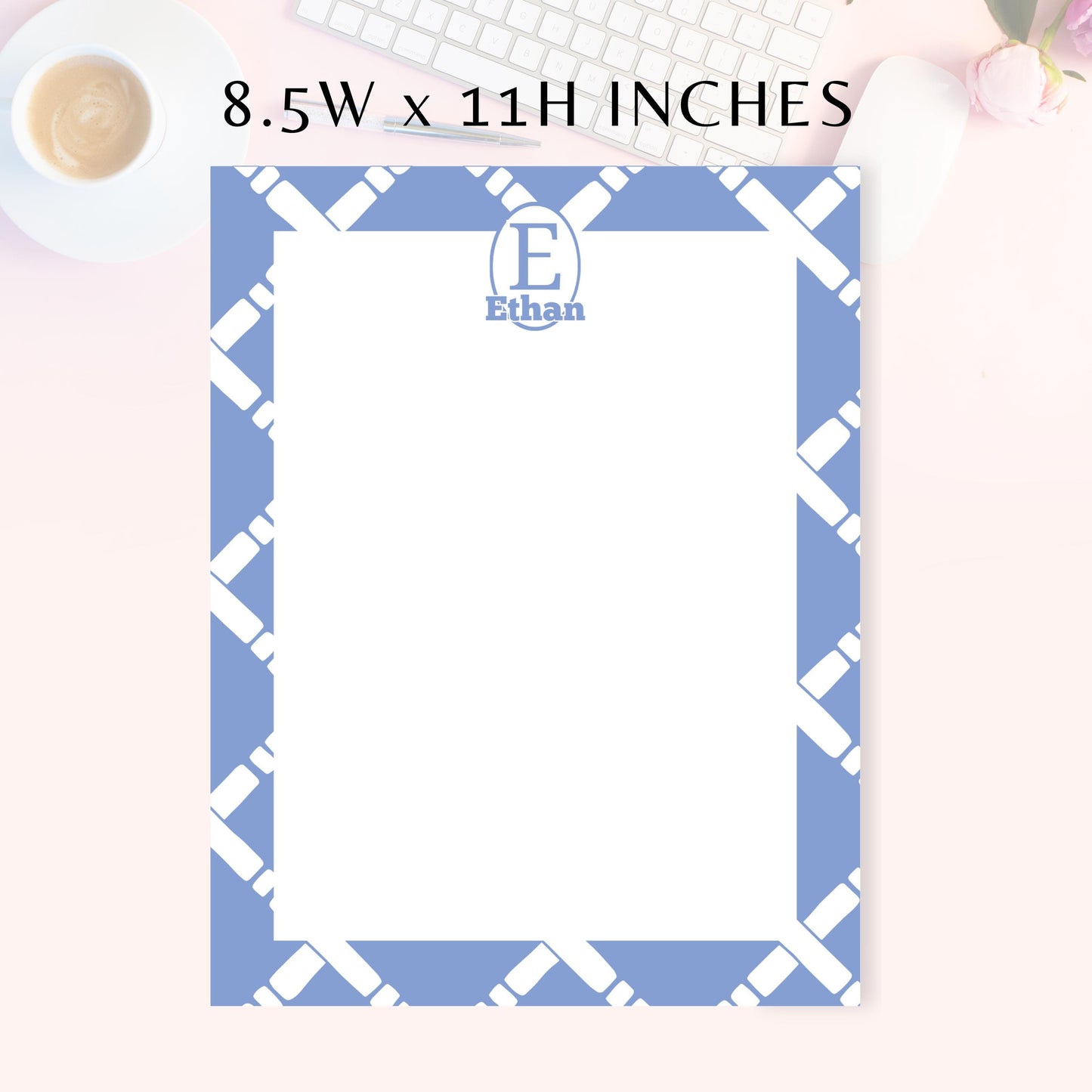 Personalized Notepad, Preppy Blue Lattice