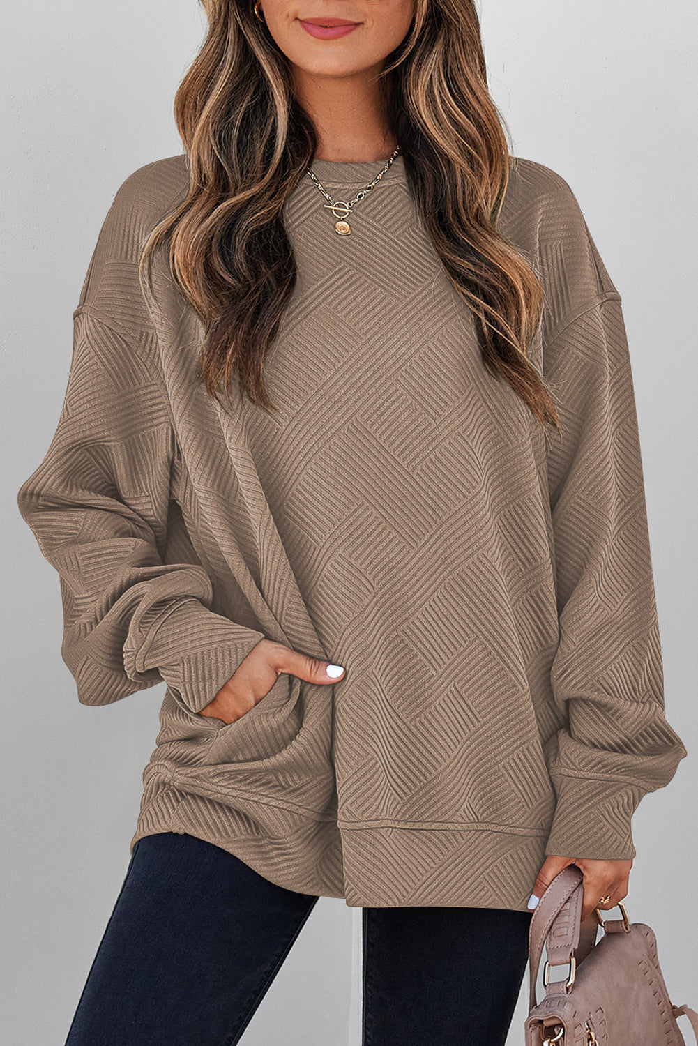 Black Solid Color Textured Round Neck Drop Shoulder Pullover Sweatshirt