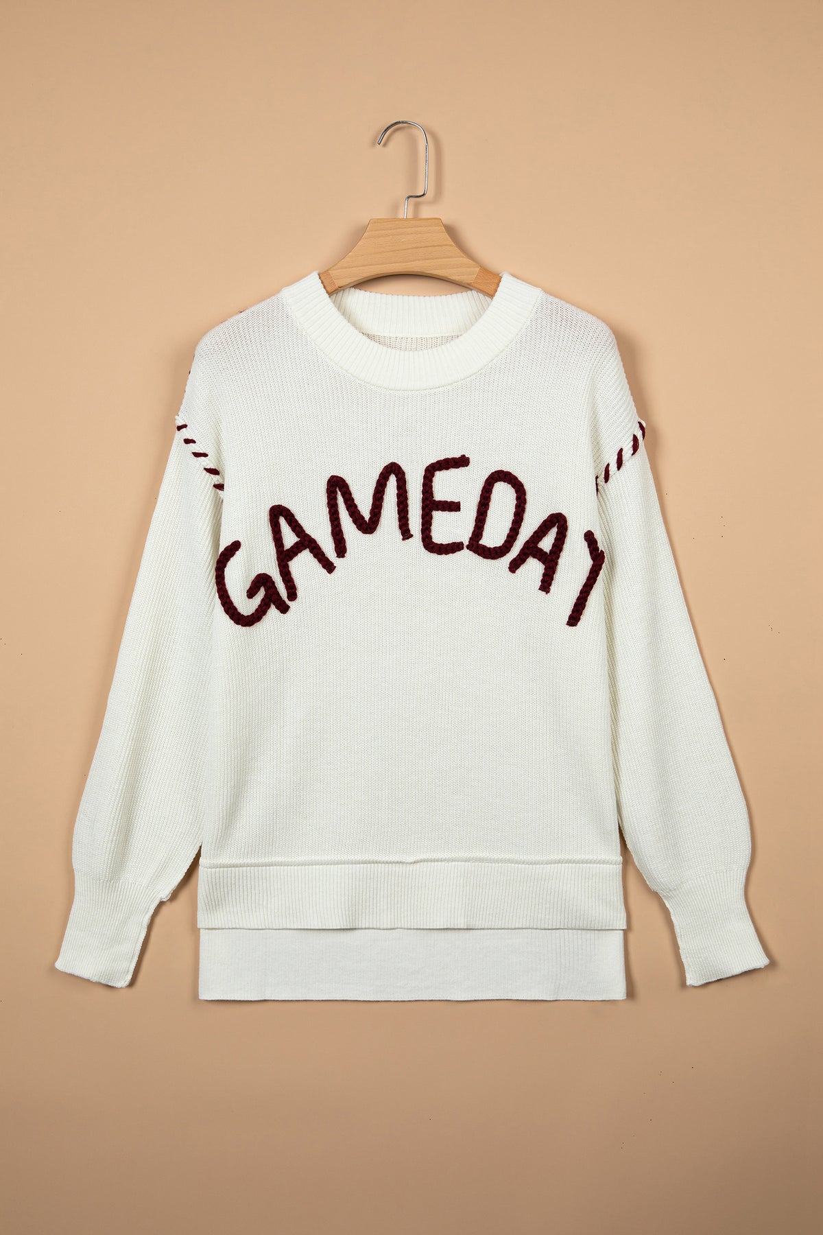 Beige Drop Shoulder Game Day Letter Print Pullover Sweater
