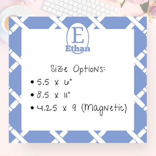 Personalized Notepad, Preppy Blue Lattice