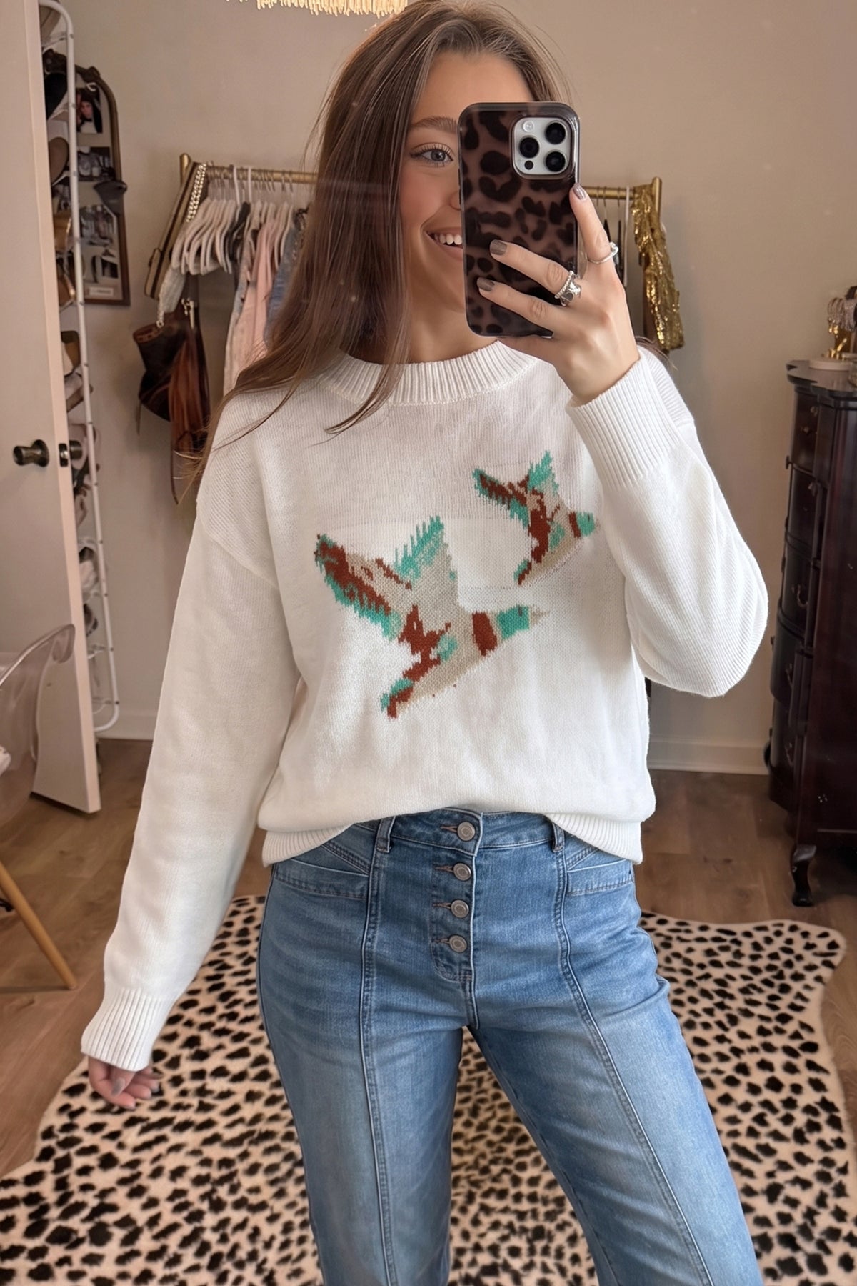 White Wild Mallard Drop Shoulder Round Neck Long Sleeve Pullover Sweater