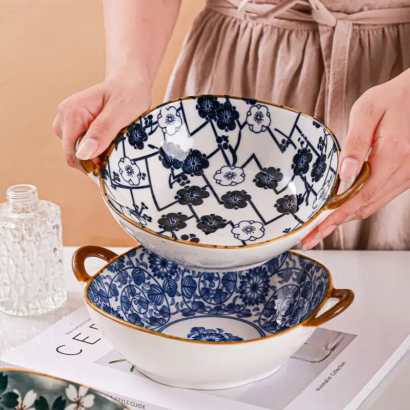 Floral blue & white ceramic double ear ramen soup bowl dining room
