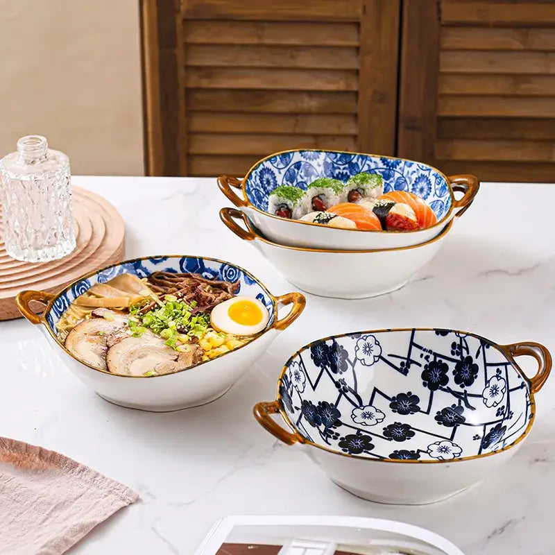 Floral blue & white ceramic double ear ramen soup bowl dining room