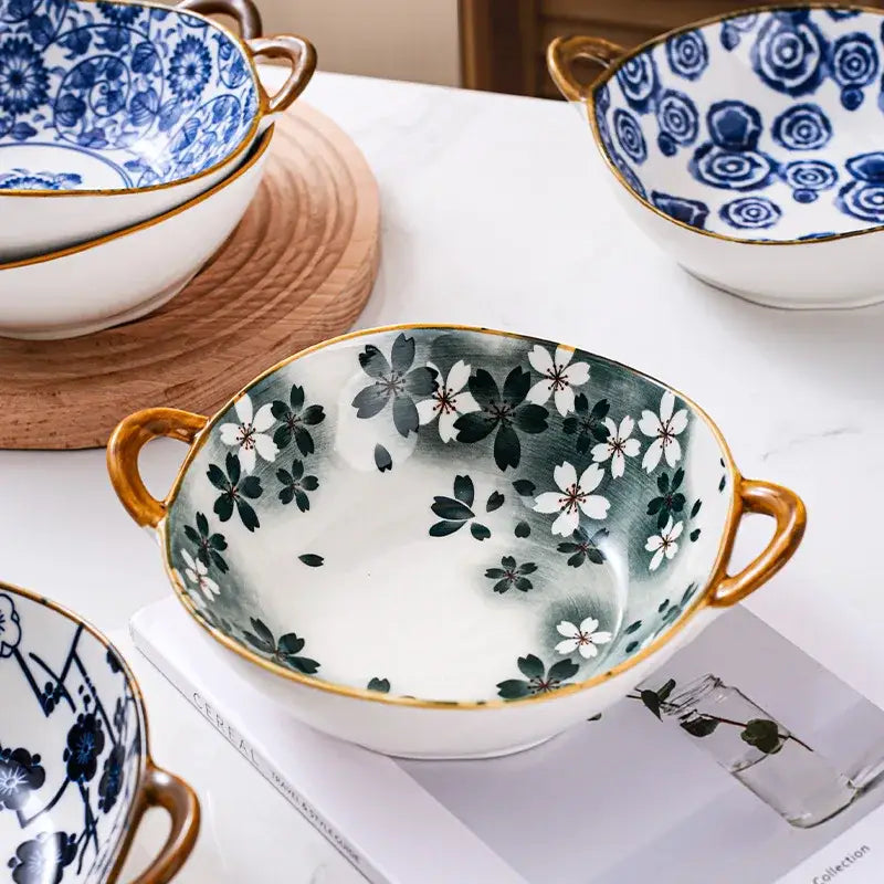 Floral blue & white ceramic double ear ramen soup bowl dining room
