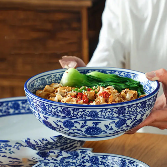 DecorBites™ Blue and White Ceramic Soup Bowl - Perfect for Noodles and Soups