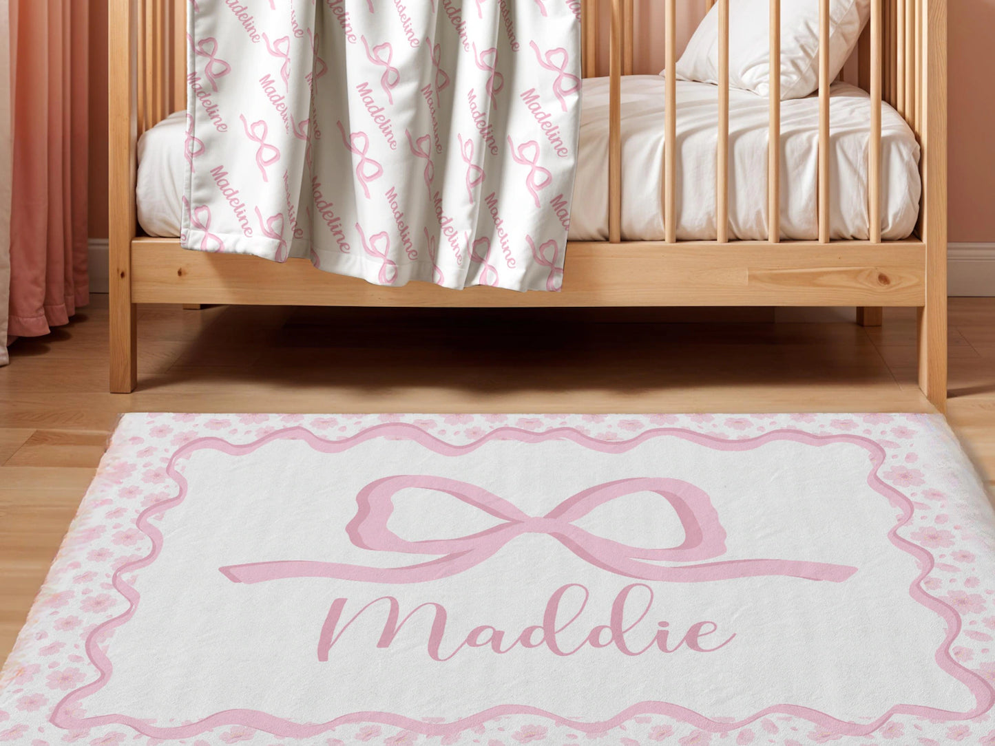 Personalized Pink Bow Area Rug — Custom Name Nursery Decor