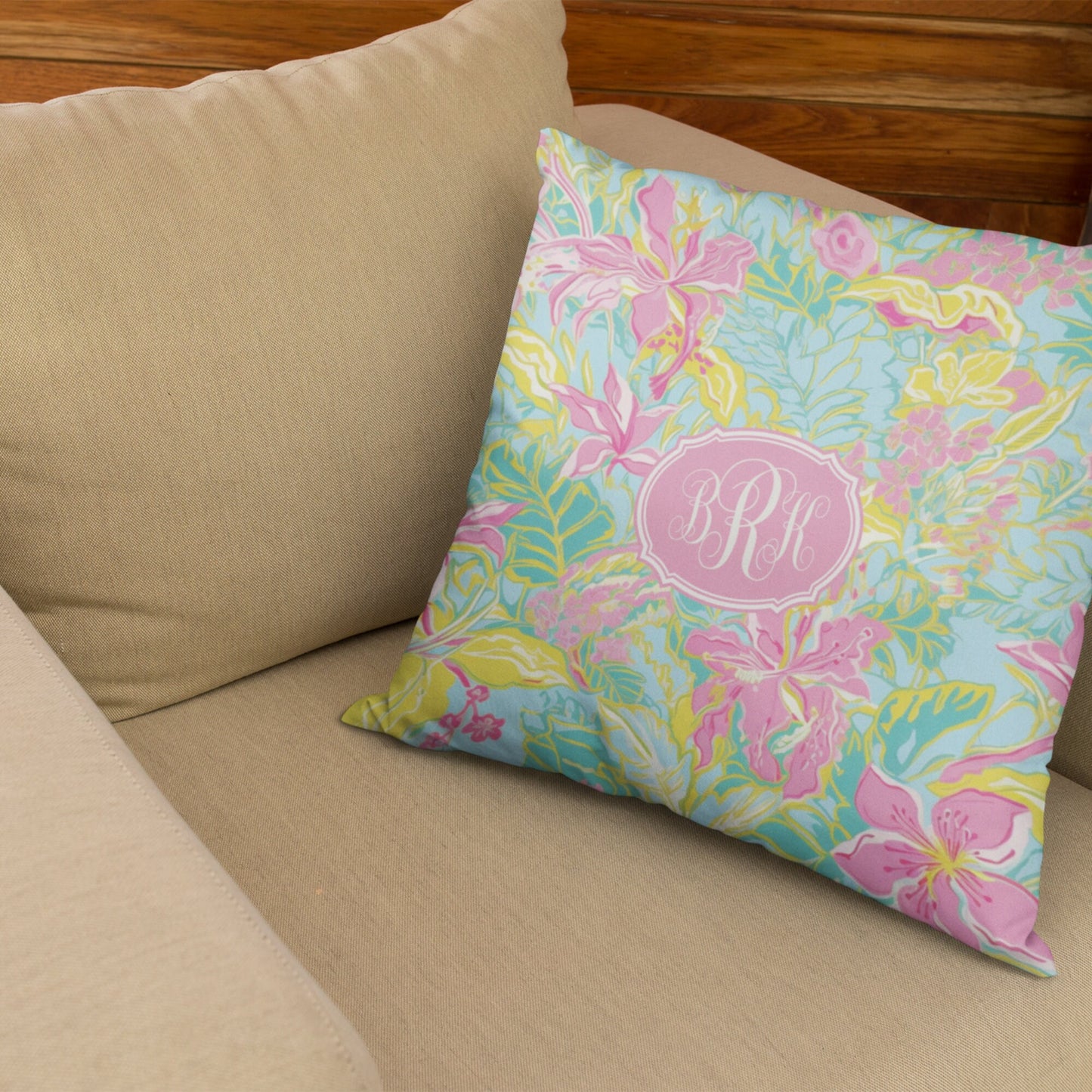 Tropical Flower Summer Personalized Decorative Pillow | Personalized Gift | Beach, Front Foyer Pillow | Last Name or Monogram | Throw Pillow