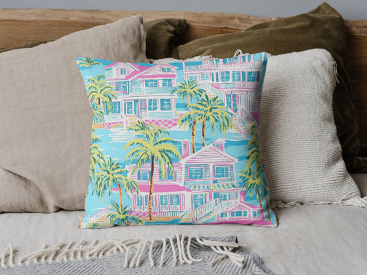 Coastal Pillow, Preppy Room Decor, Dorm Room, Dorm Room Decor, Palm Beach, Beach House, Palm Leaves, Light Teal and Hot Pink