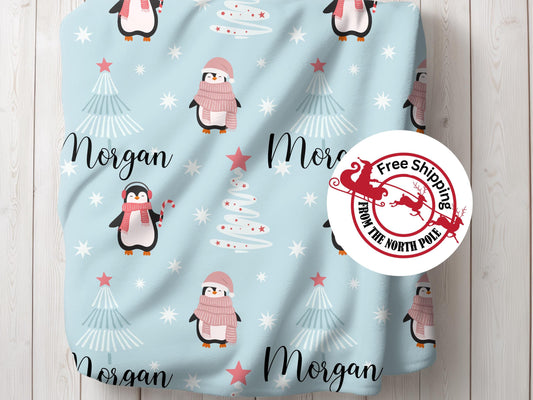 Personalized Christmas Penguin Blanket