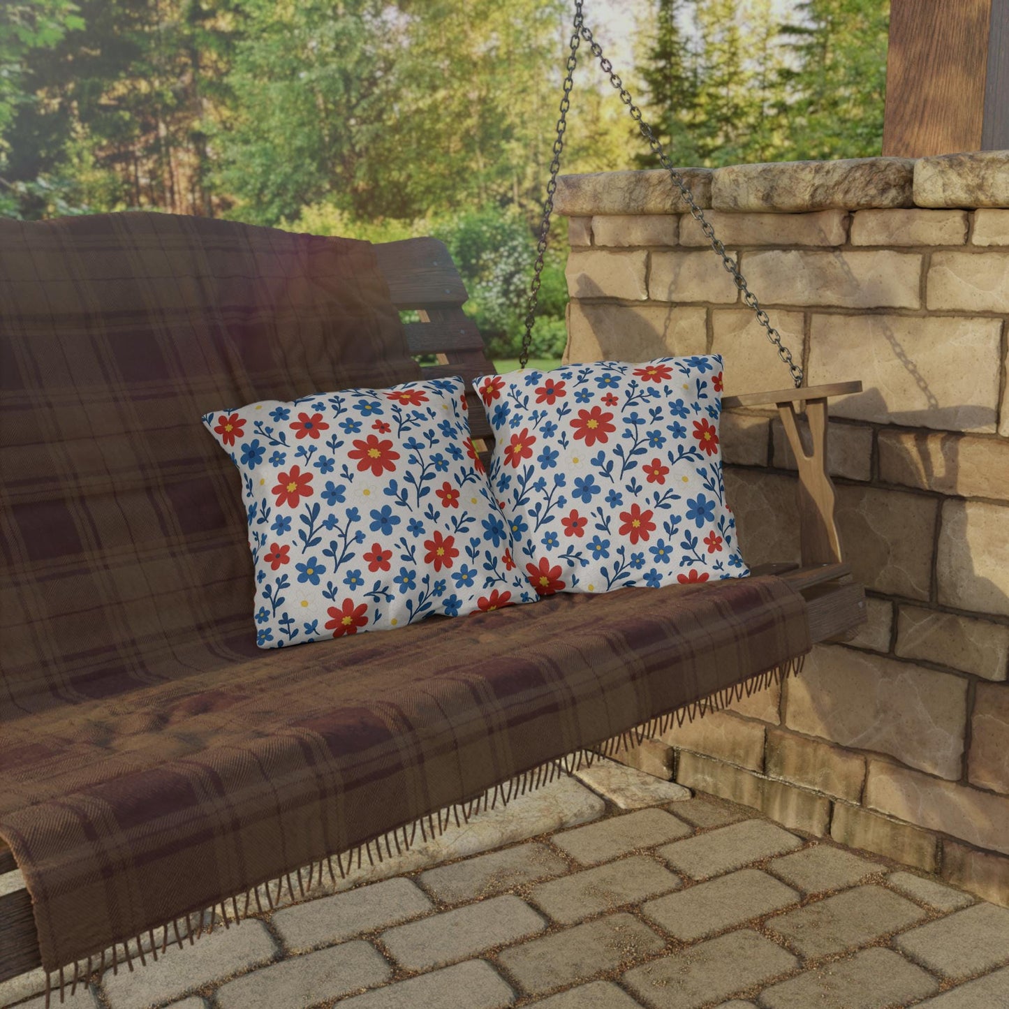 Floral Ditsy Outdoor Pillow, Red White Blue Design, Garden Decor, Patio Cushion, Americana Throw Pillow, Outdoor Furniture Accessory