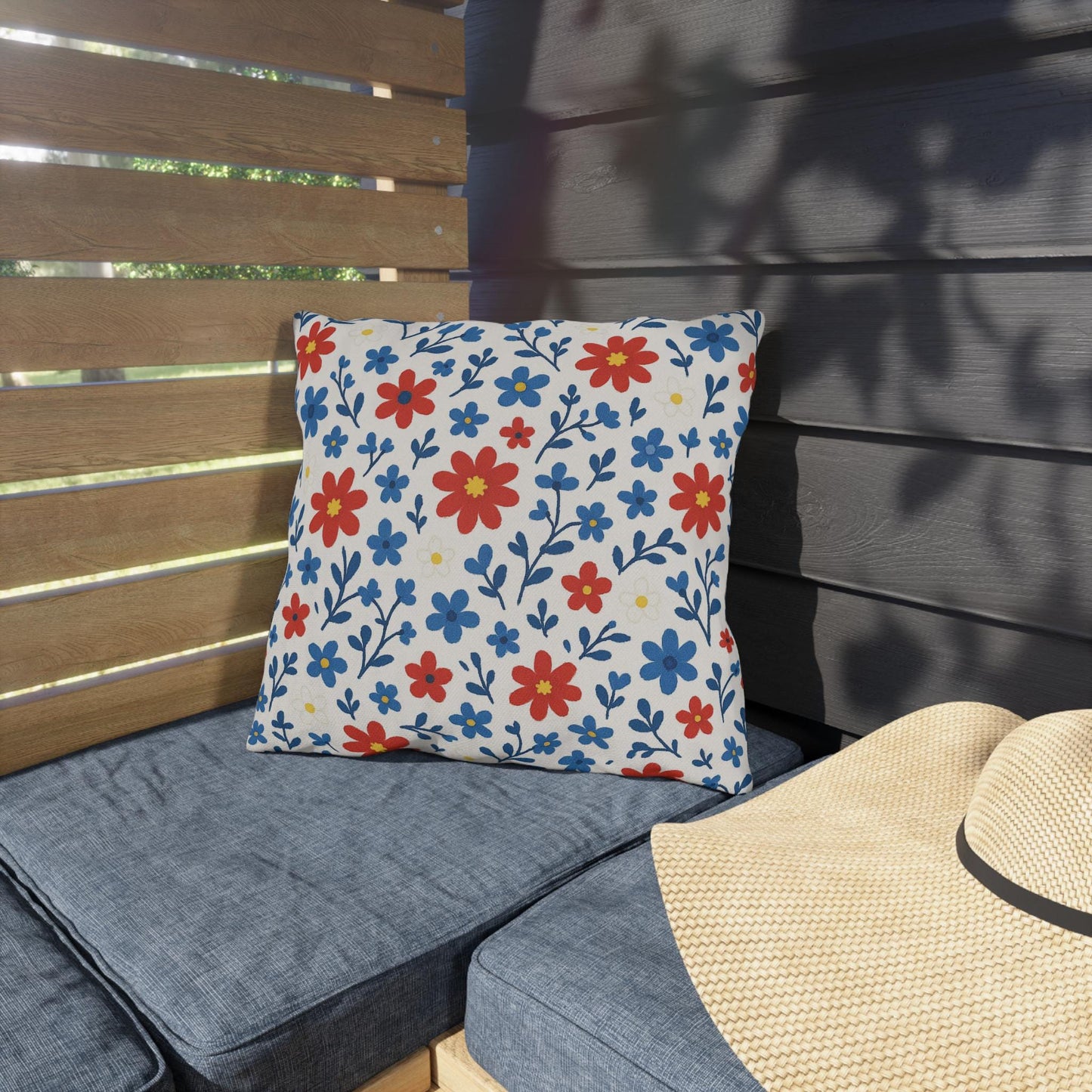 Floral Ditsy Outdoor Pillow, Red White Blue Design, Garden Decor, Patio Cushion, Americana Throw Pillow, Outdoor Furniture Accessory