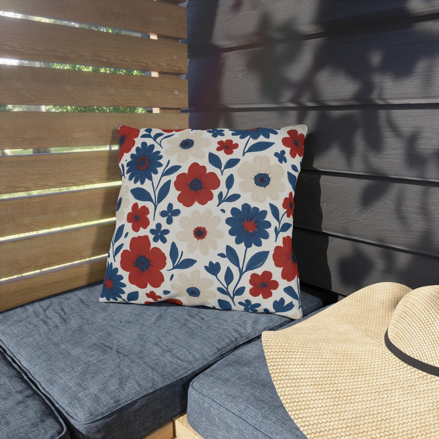 Floral Patriotic Outdoor Pillows, Red White Blue Country Cozy Decor, Americana Cushions, Fourth of July Pillows, Summer Patio Accessories